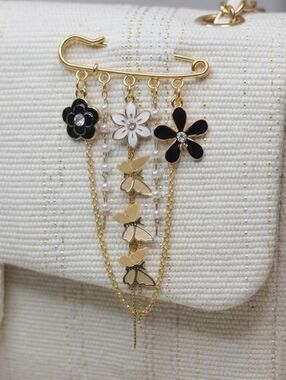 Gold Safety Pin Brooch Butterfly Dangle Charm Pin Statement Jewelry Floral
